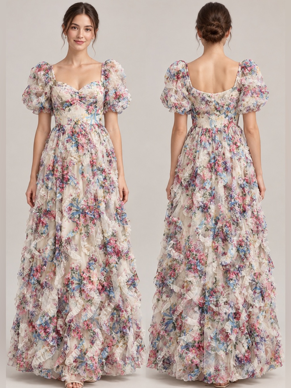 Toleen Floral Mesh Ruffle Maxi Dress Puff Sleeves Size M